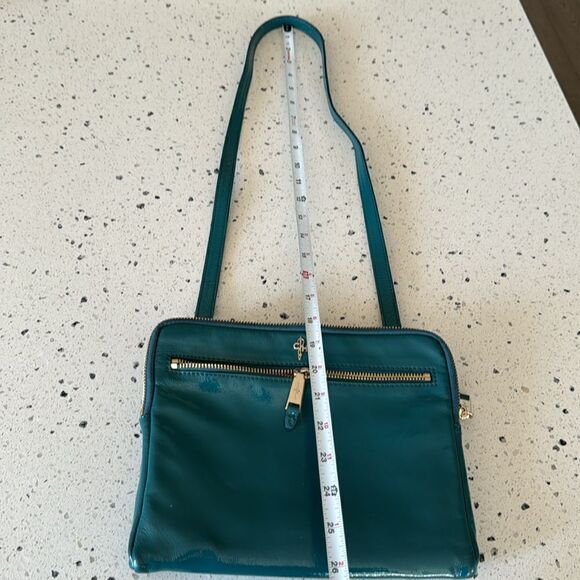 COLE HAAN JITNEY Teal Green Patent Leather Shoulder Purse Top Zip Travel Bag EUC - Picture 8 of 16